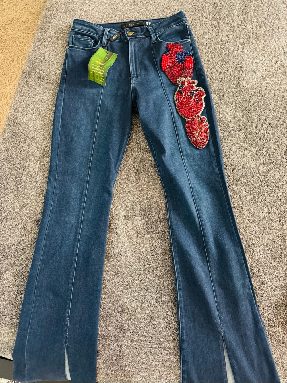Dark Blue Flare Jeans with Red Beaded Heart Appliqué